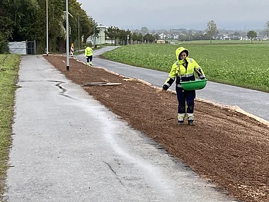 Gärtner verteilt Mulch auf einem Rasen, während es regnet.