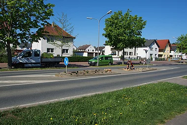 Bauarbeiter pflanzen Blumen in einem Grünstreifen an einer Wohnstraße.