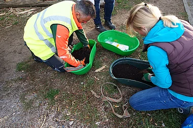 Mitarbeiter inspizieren Bodenproben mit Handschuhen und Werkzeugen im Freien.